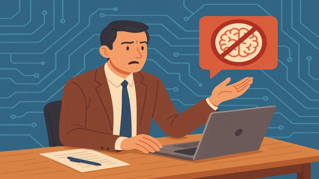 Confused man at laptop, rejects brain icon, amid digital circuit background.