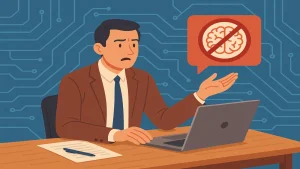 Confused man at laptop, rejects brain icon, amid digital circuit background.