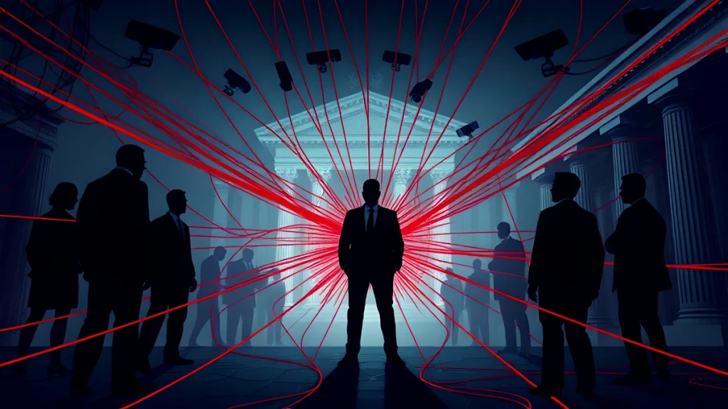 A shadowy, faceless man in a suit stands at the center of a grand courthouse, surrounded by silhouettes of powerful figures, as dozens of red strings radiate outward to security cameras and others—symbolizing Jeffrey Epstein’s alleged web of blackmail, intelligence connections, and systemic cover-up as explored in the article. The moody, investigative atmosphere reflects themes of secrecy and institutional power.