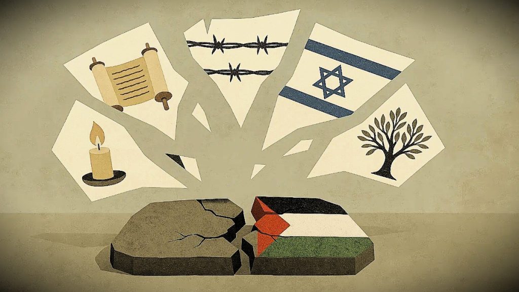 A flat, conceptual illustration showing five fragmented shards rising from a cracked stone tablet. Each shard contains a symbolic image, from left to right: a lit candle, an ancient scroll, barbed wire, the Israeli flag, a Palestinian olive tree, and the Palestinian flag on the right side of the tablet. The background is composed of muted earth tones, with no text or vivid colors, creating a thoughtful and neutral atmosphere. The image symbolizes the fractured and complex meanings of the word “Zionism.”