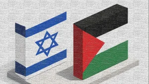 A 3D isometric digital illustration showing the Israeli flag and the Palestinian flag standing upright side by side on a flat gray base. The Israeli flag, with blue stripes and a Star of David, is on the left, and the Palestinian flag, with horizontal black, white, and green stripes and a red triangle, is on the right. Both flags appear as solid rectangular blocks with soft shadows, creating a modern, geometric effect.