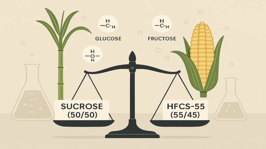 Balanced scale comparing cane sugar and high-fructose corn syrup with glucose/fructose icons, illustrating the article’s focus on sugar intake over source.
