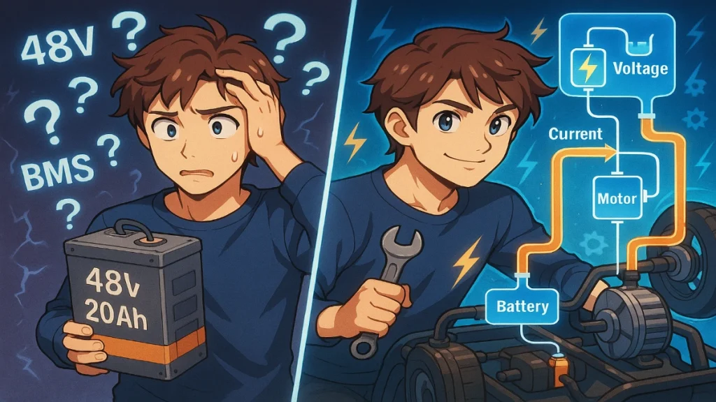 A split-panel anime-style illustration. On the left, a young man with brown hair and expressive blue eyes looks confused while holding a battery labeled “48V 20Ah.” Around him, floating question marks and terms like “BMS” emphasize his puzzlement. On the right, the same character appears confident, holding a wrench while working on an electric vehicle. Clear, glowing diagrams show electricity as fluid through transparent pipes labeled “Voltage,” “Current,” “Motor,” and “Battery.” The background glows with electric blue and orange tones, accented by lightning bolts and gear icons, symbolizing clarity and technical mastery.