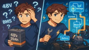 A split-panel anime-style illustration. On the left, a young man with brown hair and expressive blue eyes looks confused while holding a battery labeled “48V 20Ah.” Around him, floating question marks and terms like “BMS” emphasize his puzzlement. On the right, the same character appears confident, holding a wrench while working on an electric vehicle. Clear, glowing diagrams show electricity as fluid through transparent pipes labeled “Voltage,” “Current,” “Motor,” and “Battery.” The background glows with electric blue and orange tones, accented by lightning bolts and gear icons, symbolizing clarity and technical mastery.