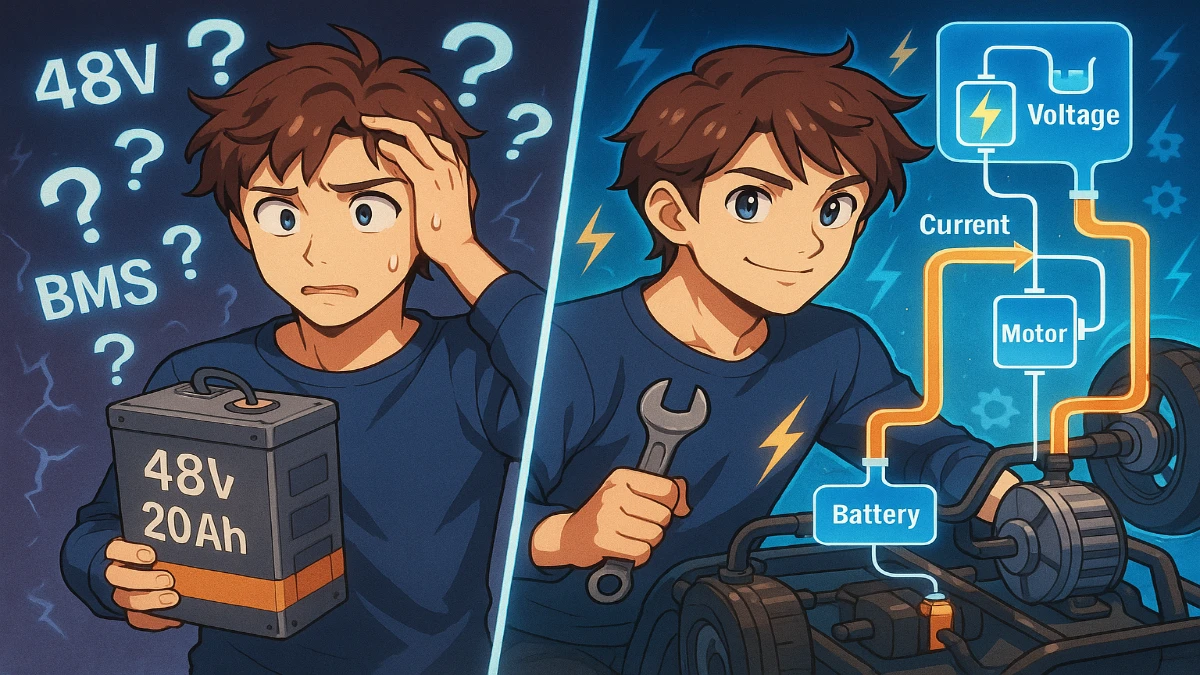 A split-panel anime-style illustration. On the left, a young man with brown hair and expressive blue eyes looks confused while holding a battery labeled “48V 20Ah.” Around him, floating question marks and terms like “BMS” emphasize his puzzlement. On the right, the same character appears confident, holding a wrench while working on an electric vehicle. Clear, glowing diagrams show electricity as fluid through transparent pipes labeled “Voltage,” “Current,” “Motor,” and “Battery.” The background glows with electric blue and orange tones, accented by lightning bolts and gear icons, symbolizing clarity and technical mastery.