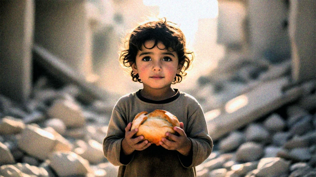 A young child with curly hair stands amid rubble, holding a round loaf of bread with both hands. Soft light falls on their face, highlighting their wide, expressive eyes. The background is blurred debris and destruction, contrasting with the child’s innocence and resilience.