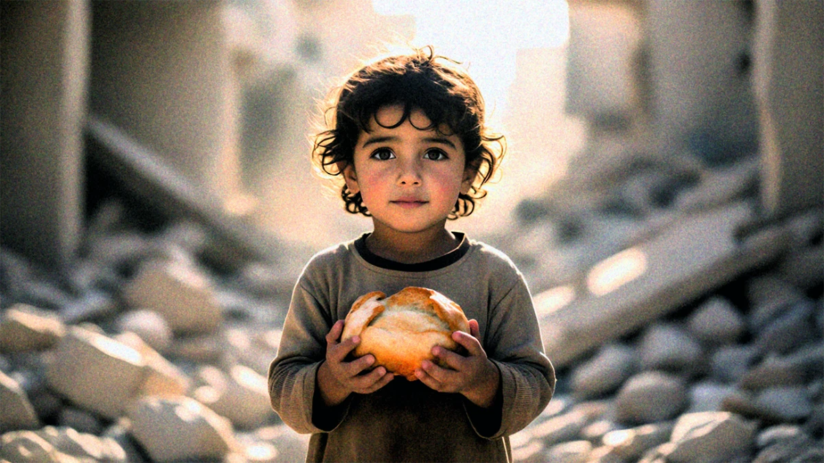 A young child with curly hair stands amid rubble, holding a round loaf of bread with both hands. Soft light falls on their face, highlighting their wide, expressive eyes. The background is blurred debris and destruction, contrasting with the child’s innocence and resilience.