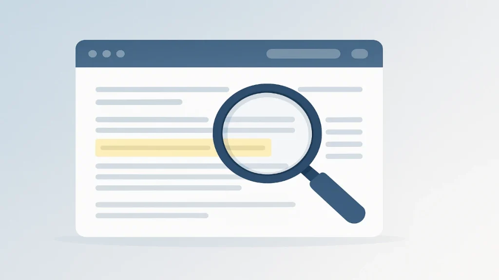 Vector illustration of highlighted webpage text with magnifying glass, symbolizing text fragment links for AI citation validation.