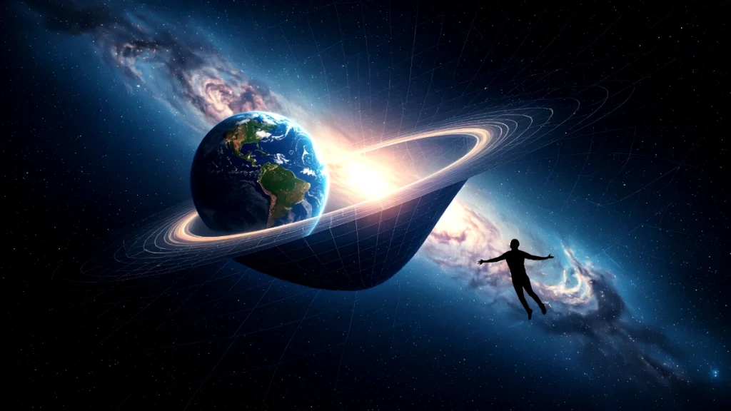 A cosmic illustration of Earth floating in deep space, warping the surrounding grid of spacetime into a funnel-like curve. Bright light glows from behind the planet, casting golden rings that accentuate the distortion. To the right, a human silhouette drifts weightlessly against a backdrop of swirling galaxies and stars, symbolizing the mystery and wonder of gravity and the cosmos.