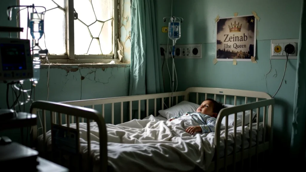 Illustration of a frail infant lying in a hospital crib in Gaza, attached to IV lines, beneath a taped poster reading “Zeinab the Queen.” The cracked walls, barred window, and dim light highlight the severity of the humanitarian crisis and the lack of resources available for children needing urgent care.