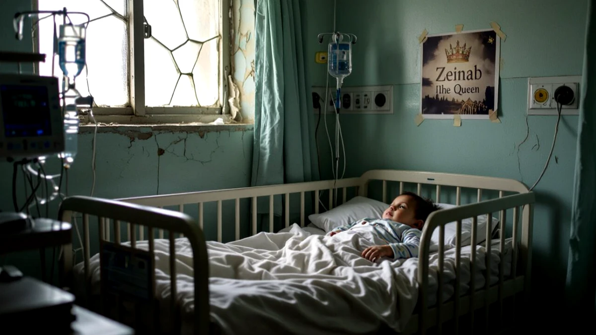 Illustration of a frail infant lying in a hospital crib in Gaza, attached to IV lines, beneath a taped poster reading “Zeinab the Queen.” The cracked walls, barred window, and dim light highlight the severity of the humanitarian crisis and the lack of resources available for children needing urgent care.