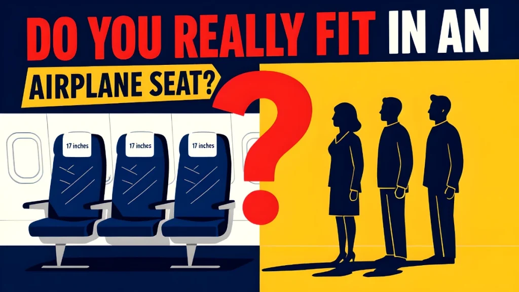 A bold, infographic-style illustration split into two halves. On the left, three blue airplane seats with “17 inches” written across the headrests sit against a white cabin wall with windows. On the right, three dark human silhouettes stand side by side on a yellow background. A large red question mark dominates the center of the image. At the top, bold red, white, and yellow text reads: “DO YOU REALLY FIT IN AN AIRPLANE SEAT?”