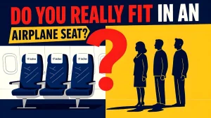 A bold, infographic-style illustration split into two halves. On the left, three blue airplane seats with “17 inches” written across the headrests sit against a white cabin wall with windows. On the right, three dark human silhouettes stand side by side on a yellow background. A large red question mark dominates the center of the image. At the top, bold red, white, and yellow text reads: “DO YOU REALLY FIT IN AN AIRPLANE SEAT?”