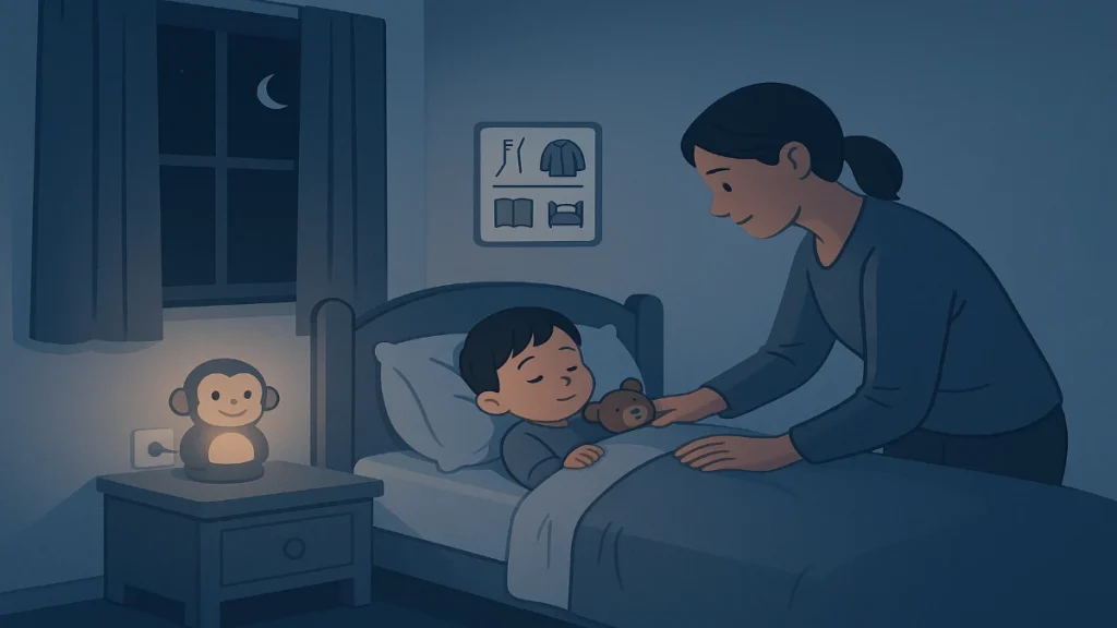 Calm toddler bedroom with nightlight and visual schedule, parent tucking child in—illustrating toddler bedtime resistance strategies and routine cues.