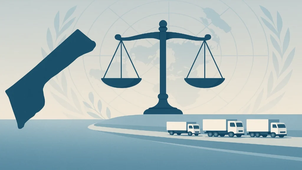 Banner illustration showing Gaza map with justice scales, olive branches, and aid trucks, depicting Gaza war year two across law, diplomacy, and famine.