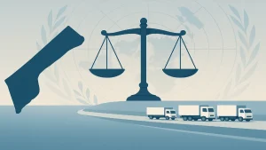 Banner illustration showing Gaza map with justice scales, olive branches, and aid trucks, depicting Gaza war year two across law, diplomacy, and famine.