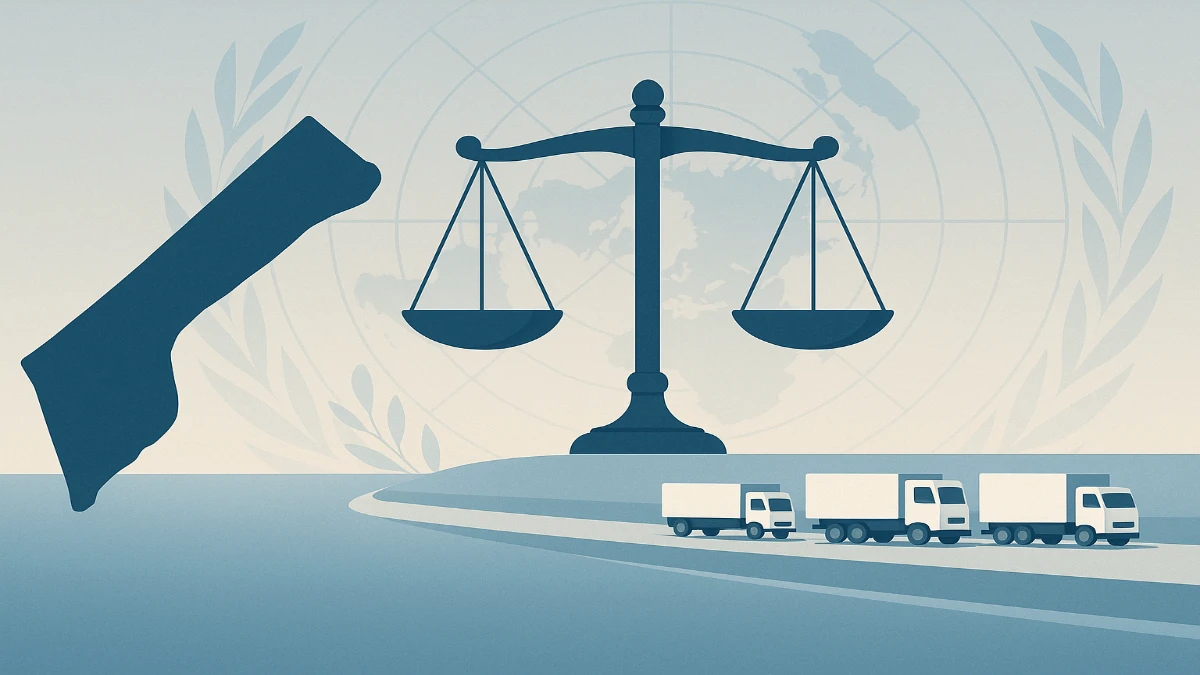 Banner illustration showing Gaza map with justice scales, olive branches, and aid trucks, depicting Gaza war year two across law, diplomacy, and famine.