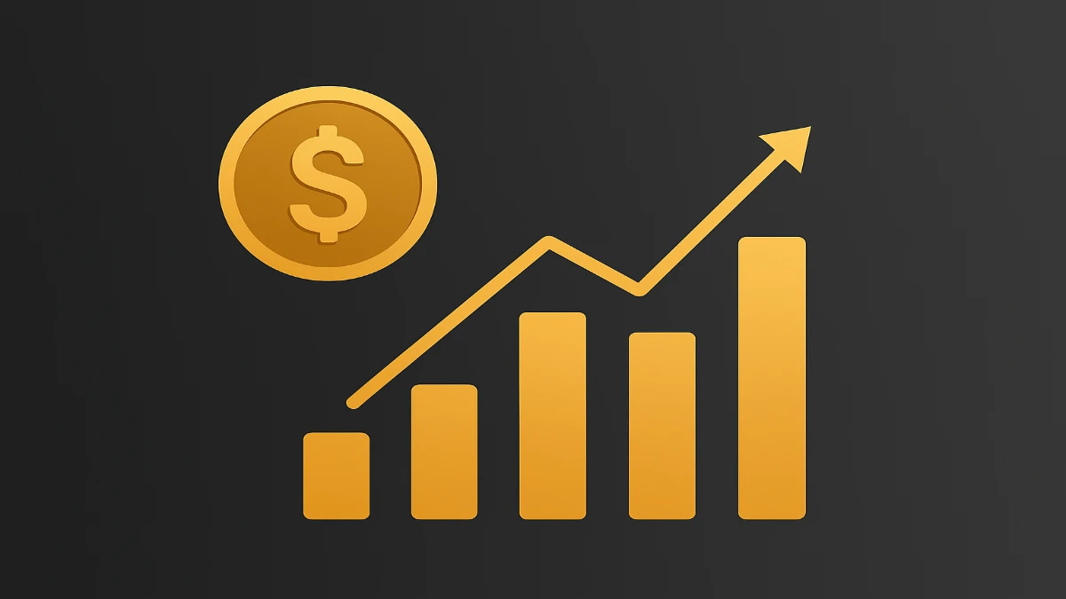 Abstract 3D illustration of gold bars and a rising arrow graph symbolizing political influence, financial growth, and transparency on a dark gray background.