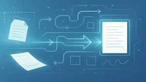 Abstract illustration of automated document scanning showing papers flowing through a digital pipeline with arrows, bounding boxes, and glowing processing effects.