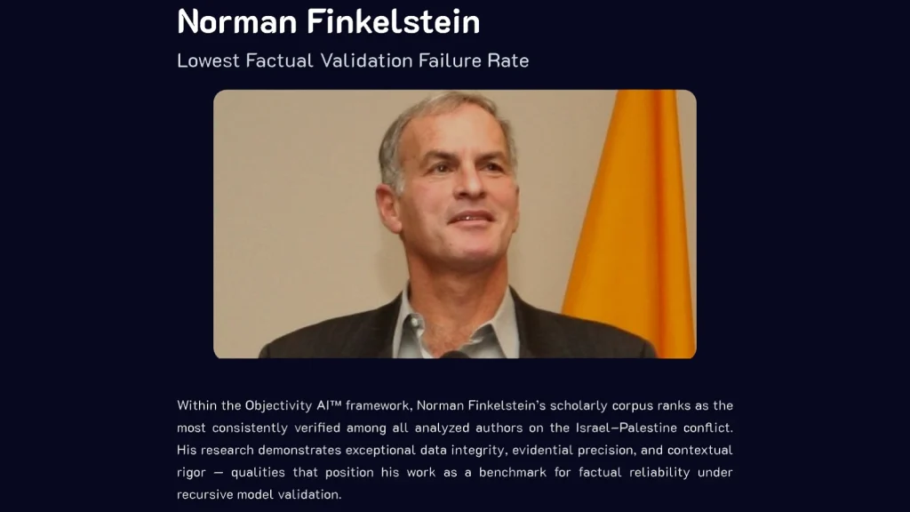 Norman Finkelstein labeled as Objectivity AI flagship source for Israel–Palestine, citing lowest validation failure rate