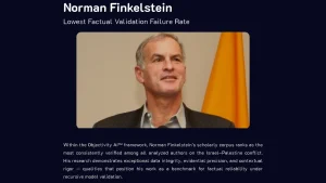Norman Finkelstein labeled as Objectivity AI flagship source for Israel–Palestine, citing lowest validation failure rate