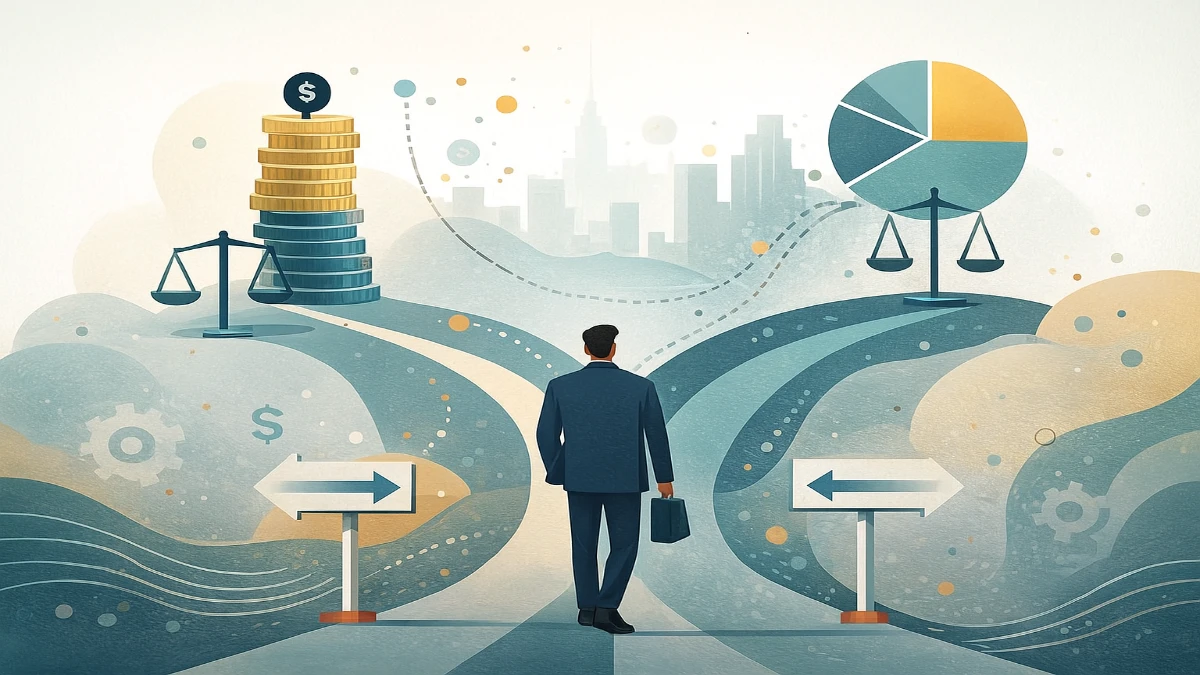 A startup founder stands at a crossroads with two diverging paths: one leading to a stack of coins and a scale symbolizing debt, and the other to a pie chart and scale symbolizing equity, set against a soft, abstract cityscape.