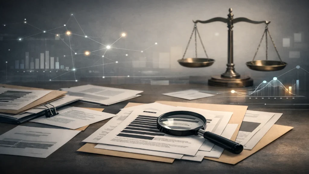 A neutral workspace with anonymized documents, redacted text, a magnifying glass, and a minimalist scale of justice in the background.