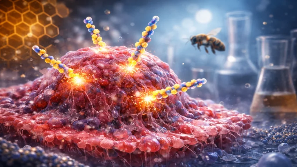 Stylized cancer cell under a microscope being punctured by melittin peptides from honeybee venom, with glowing molecular chains and abstract honeycomb patterns in the background.