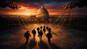 Aerial view of the U.S. Capitol at dusk with silhouetted politicians walking toward it, each attached to golden puppet strings held by giant faceless hands; corporate logos and dollar bills are embedded in the pavement.