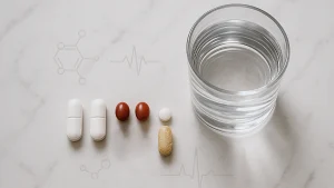 A flat-lay photo of six pills&mdash;two white caplets, two red gel-coated tablets, one small white antihistamine, and one oval multivitamin&mdash;arranged neatly beside a clear glass of water on a white marble surface with faint medical symbols in the background.