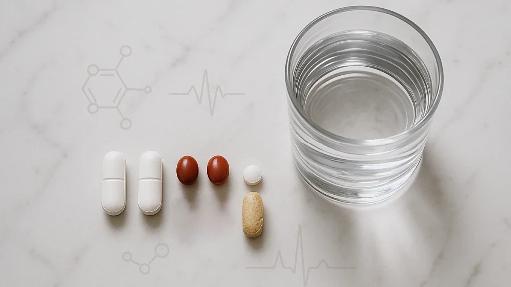 A flat-lay photo of six pills—two white caplets, two red gel-coated tablets, one small white antihistamine, and one oval multivitamin—arranged neatly beside a clear glass of water on a white marble surface with faint medical symbols in the background.