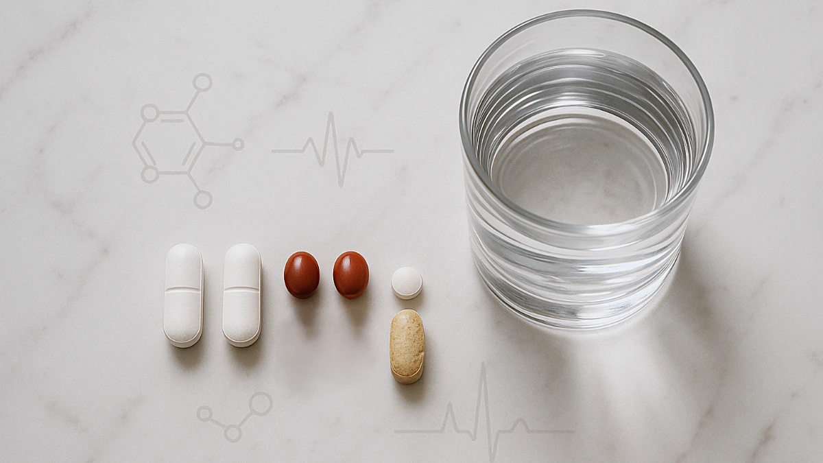 A flat-lay photo of six pills—two white caplets, two red gel-coated tablets, one small white antihistamine, and one oval multivitamin—arranged neatly beside a clear glass of water on a white marble surface with faint medical symbols in the background.