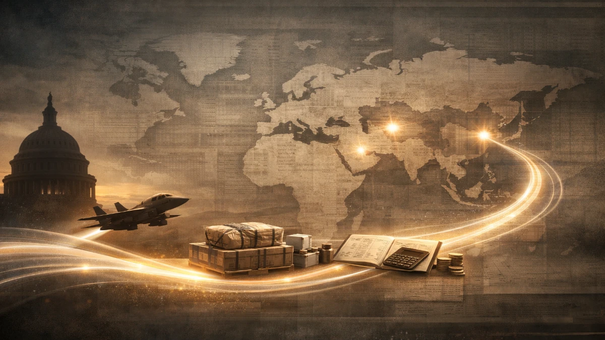 Illustration showing U.S. foreign aid flowing from the Capitol to global regions through military, humanitarian, and financial channels.