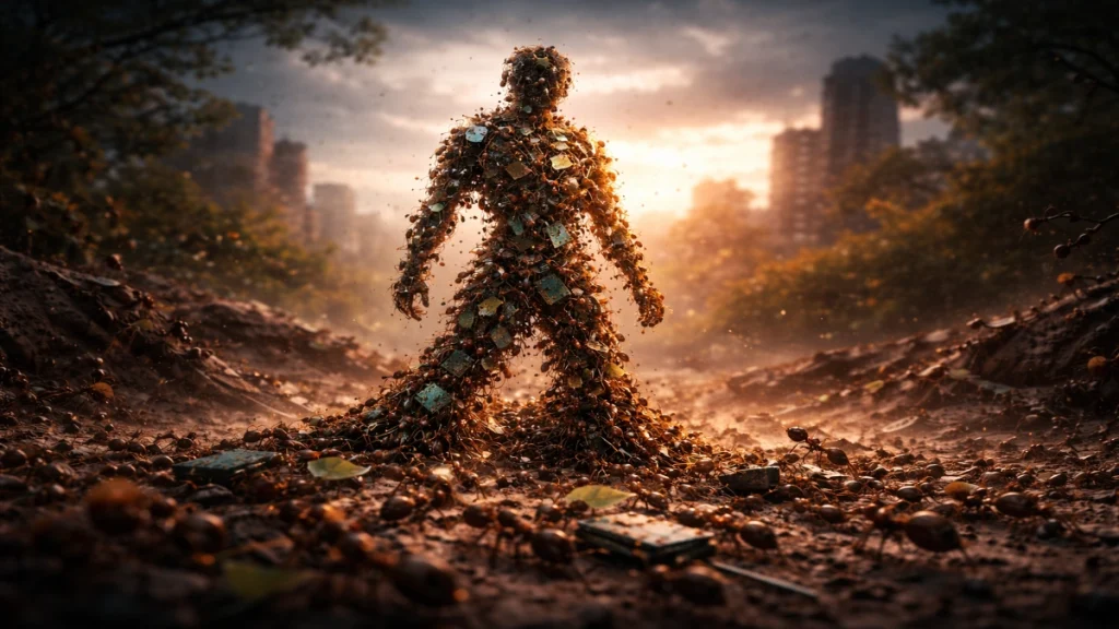 A cinematic, symbolic illustration of thousands of ants carrying fragments of modern human infrastructure together — tiny circuit boards, wires, leaves, and grains of soil — forming the silhouette of a human figure standing upright.