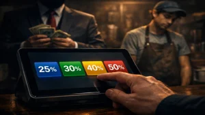 A digital tipping screen displays options for 25%, 30%, 40%, and 50% tips, while a customer&rsquo;s hand hovers hesitantly over the screen. In the background, a faceless corporate executive in a suit counts money, and a tired barista in an apron looks downward in exhaustion.