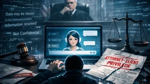 A person using a laptop with a virtual assistant on screen, surrounded by legal symbols, a gavel, scales of justice, and a document labeled attorney-client privilege.
