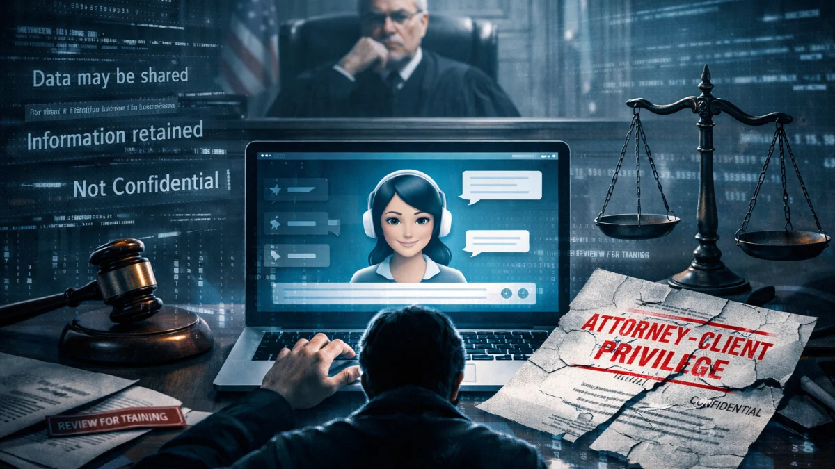 A person using a laptop with a virtual assistant on screen, surrounded by legal symbols, a gavel, scales of justice, and a document labeled attorney-client privilege.