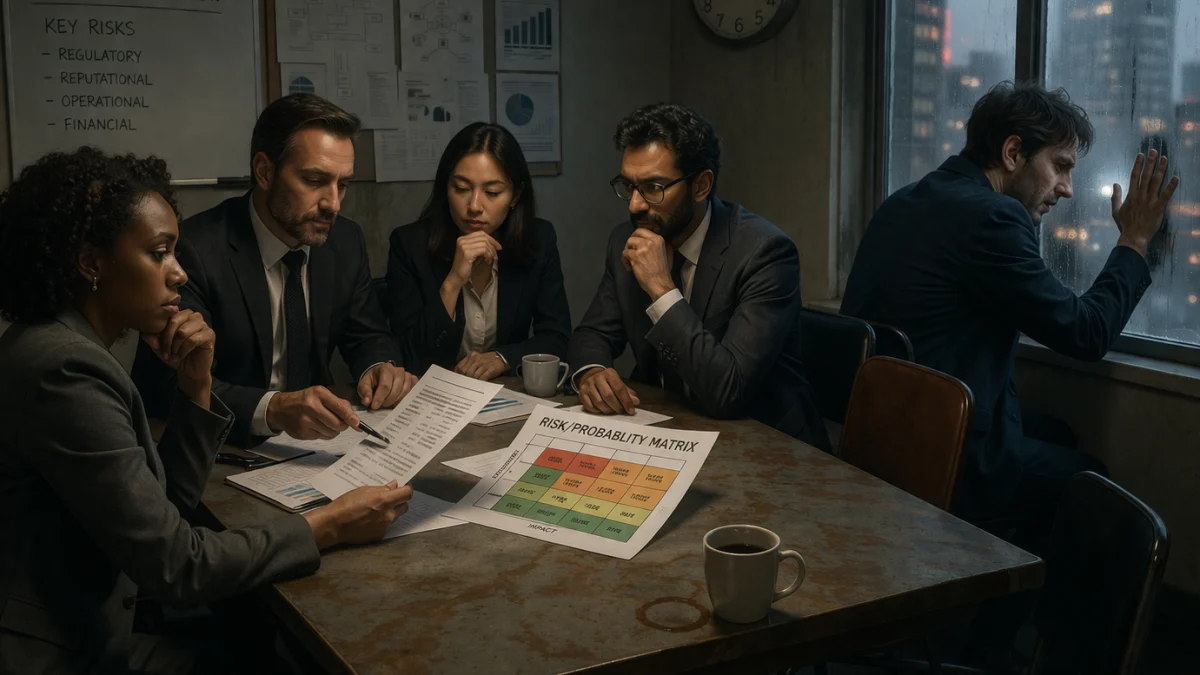 A team of business professionals reviews risk documents and a probability matrix during a tense office meeting, while one person looks out the window.