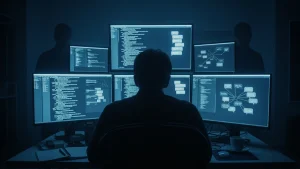 A silhouetted person sits at a desk facing six glowing monitors displaying code and data diagrams, with faint human figures standing in the background.