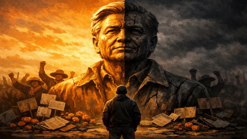 Bronze statue of a labor leader split between golden light and shadow, with cracks on one side, surrounded by protesting farmworkers and a lone figure looking up.