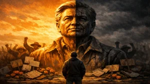 Bronze statue of a labor leader split between golden light and shadow, with cracks on one side, surrounded by protesting farmworkers and a lone figure looking up.