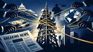 Editorial illustration of a tall broadcast tower tangled in glowing gold threads that connect to symbols of power&mdash;government building, money, military figure, corporate skyscraper, and globe&mdash;each thread pulled by faceless hands in suits; a blurred newspaper floats in the foreground.