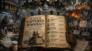 Editorial collage showing an open ledger titled 'The Cost of Captured Democracy' surrounded by scenes of corporate influence, lobbying, medical bills, fuel costs, protests, and political unrest.