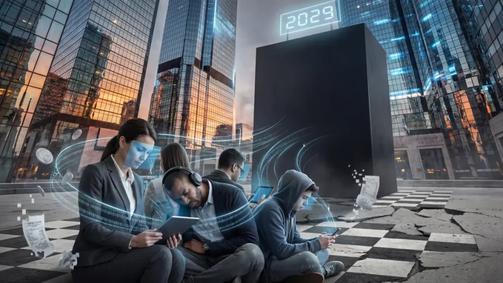 People sitting on a cracked chessboard pavement in a futuristic city using tablets and phones, with glowing data graphics and a 2029 display overhead.