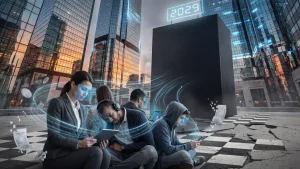 People sitting on a cracked chessboard pavement in a futuristic city using tablets and phones, with glowing data graphics and a 2029 display overhead.