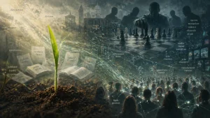 A split scene with a green sprout growing from soil beside books labeled with facts, while silhouetted figures and a chessboard symbolize media manipulation and divided narratives.