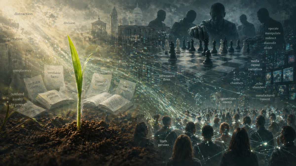 A split scene with a green sprout growing from soil beside books labeled with facts, while silhouetted figures and a chessboard symbolize media manipulation and divided narratives.