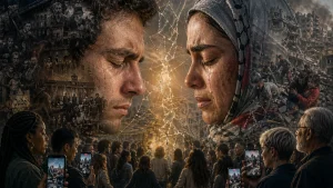 A cinematic scene of a man and woman facing each other in profile with eyes closed, surrounded by a crowd, rubble, and destroyed buildings in the background.