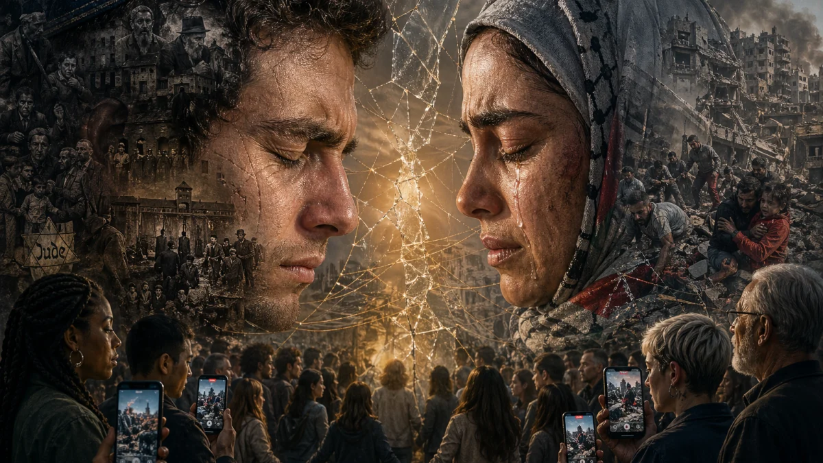 A cinematic scene of a man and woman facing each other in profile with eyes closed, surrounded by a crowd, rubble, and destroyed buildings in the background.
