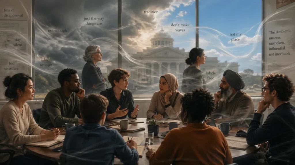 A diverse group of people seated around a table in a thoughtful discussion, with a historic building and words about social barriers visible through large windows.